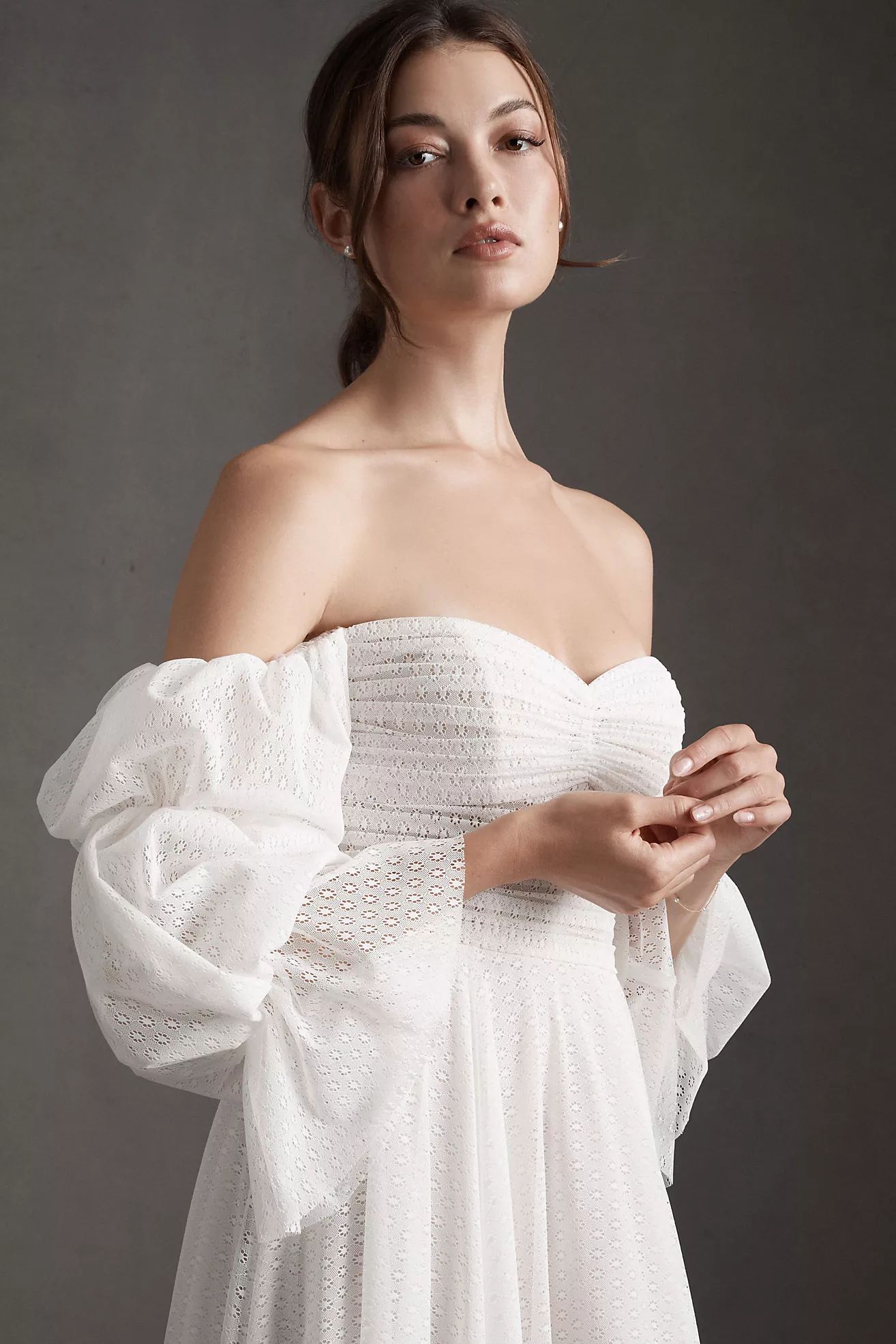 Willowby by Watters Cameron Tiered-Sleeve Off-Shoulder Mesh Column Wedding Gown | Anthropologie (US)