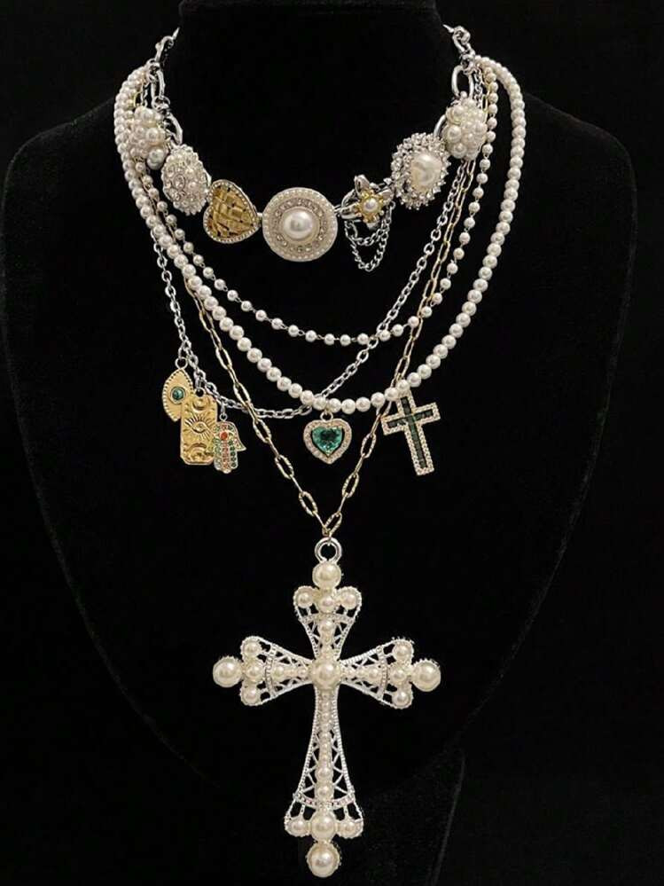 2pcs Vintage Titanium Steel Cross & Heart Pendant Multilayer Necklace Set Valentines,Mom,Mother,Mother's Day,Gift | SHEIN
