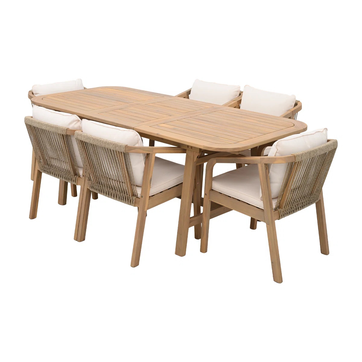 Hanni Patio 7-Piece Acacia Wood Dining Set With Extendable Table & Cushions | Wayfair North America