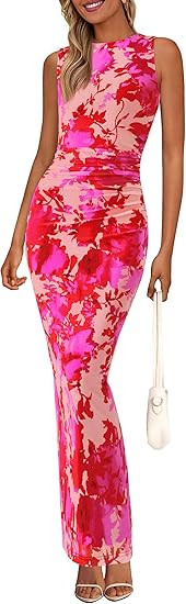 PRETTYGARDEN Womens Summer Wedding Guest Dress 2026 Spring Mesh Sleeveless Bodycon Ruched Floral ... | Amazon (US)