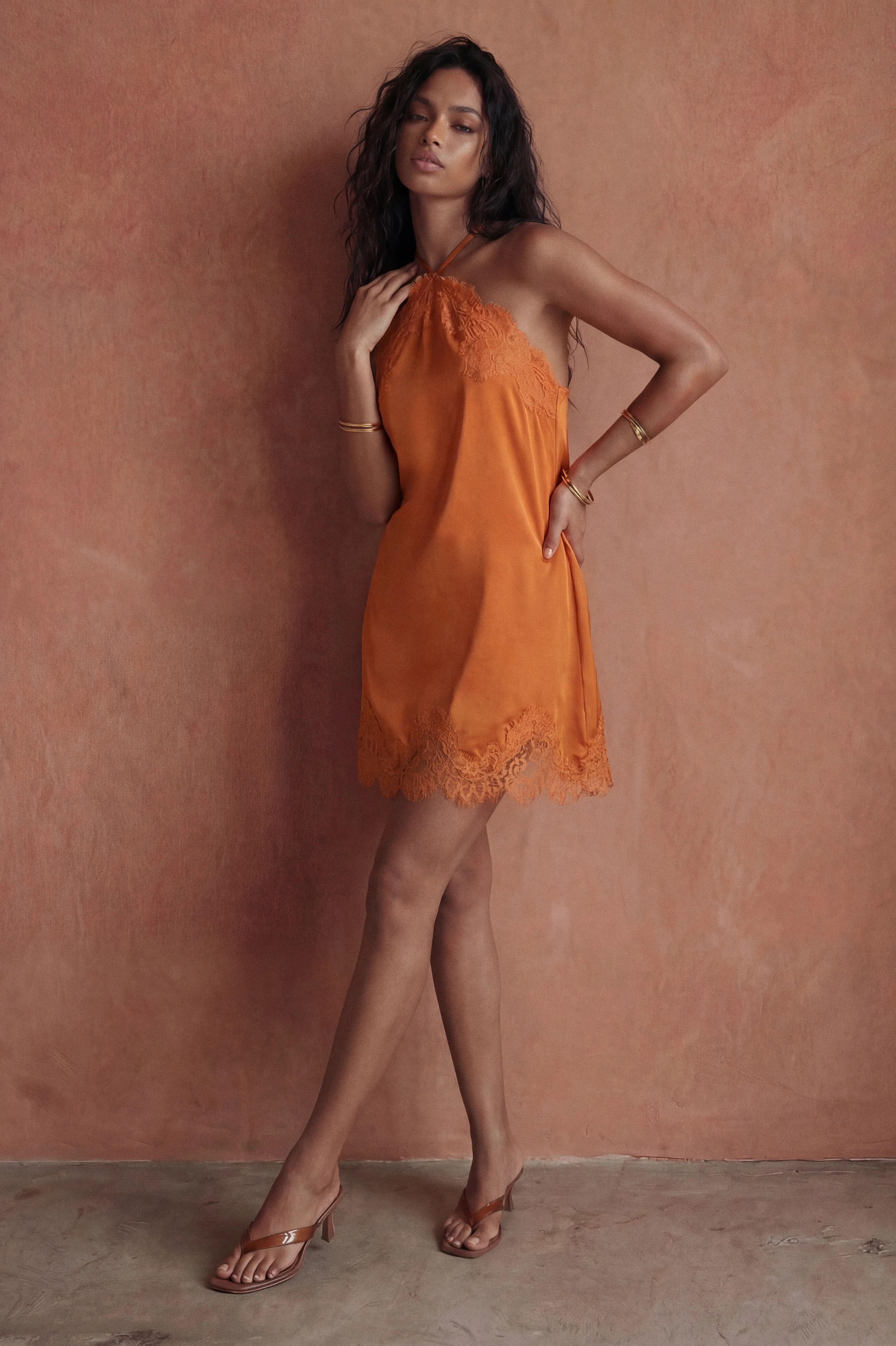 Orange Satin Halterneck Mini Dress With Lace Trim | Boohoo USA | boohoo (US & Canada)