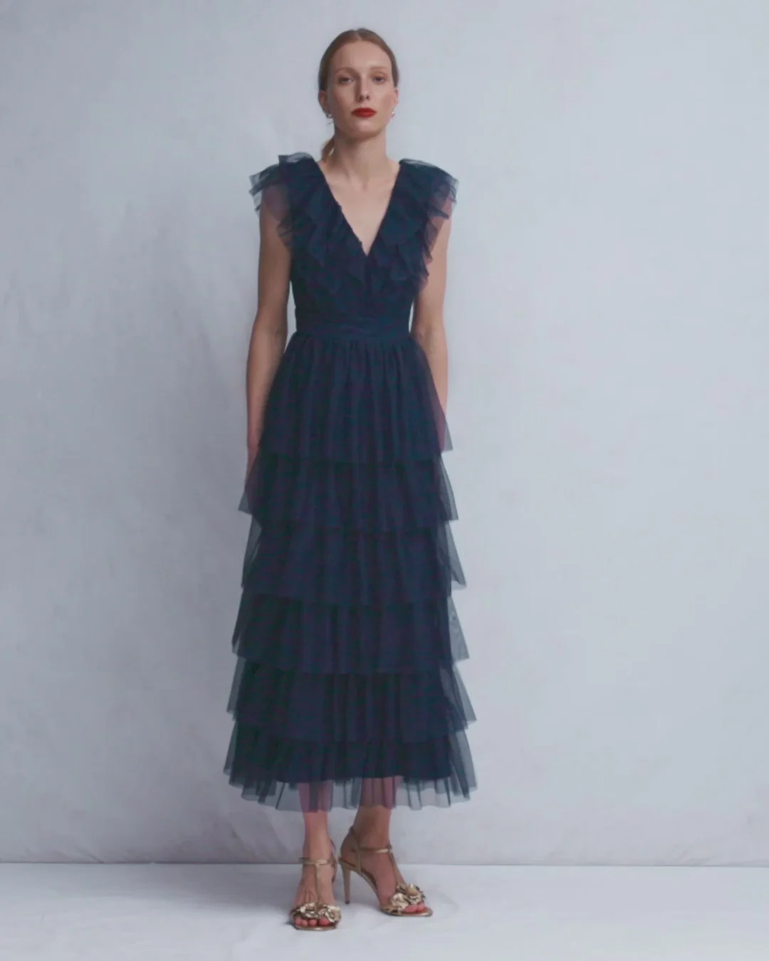 Ruffle Tulle Tiered Dress-Navy | Boden UK