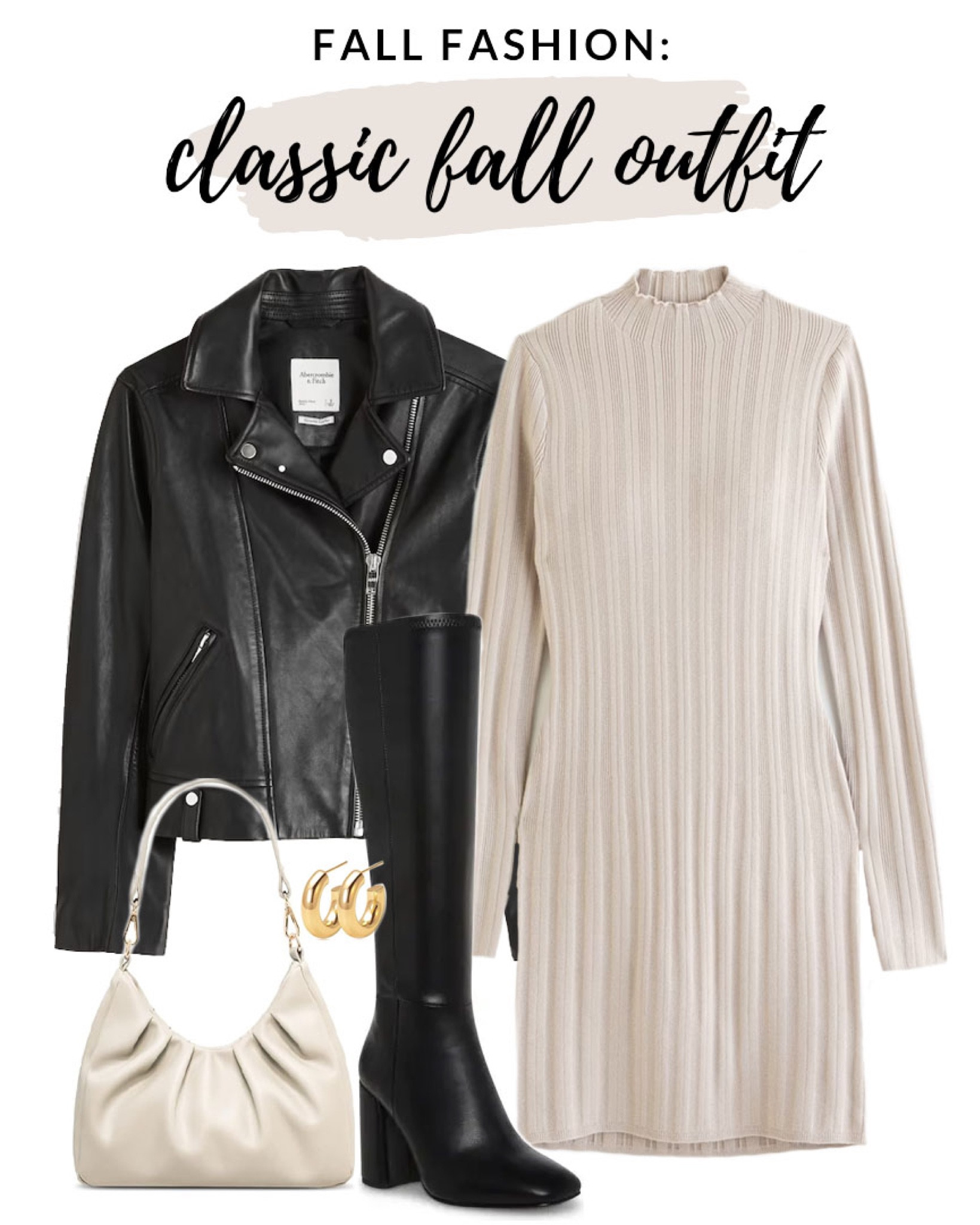 Classic fall outfit idea! Love this sweater dress for fall! 

#fallfashion 

Fall sweater dress. Casual fall outfit. How to style a sweater dress. Leather moto jacket  

#LTKstyletip #LTKfindsunder100 #LTKSeasonal