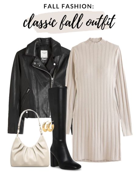 Classic fall outfit idea! Love this sweater dress for fall! 

#fallfashion 

Fall sweater dress. Casual fall outfit. How to style a sweater dress. Leather moto jacket  

#LTKstyletip #LTKfindsunder100 #LTKSeasonal