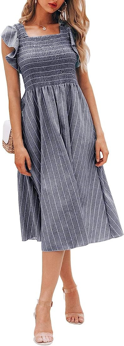 Miessial Women's Striped Linen Long Dress Elegant Ruffle Cap Sleeves Midi Dress | Amazon (US)