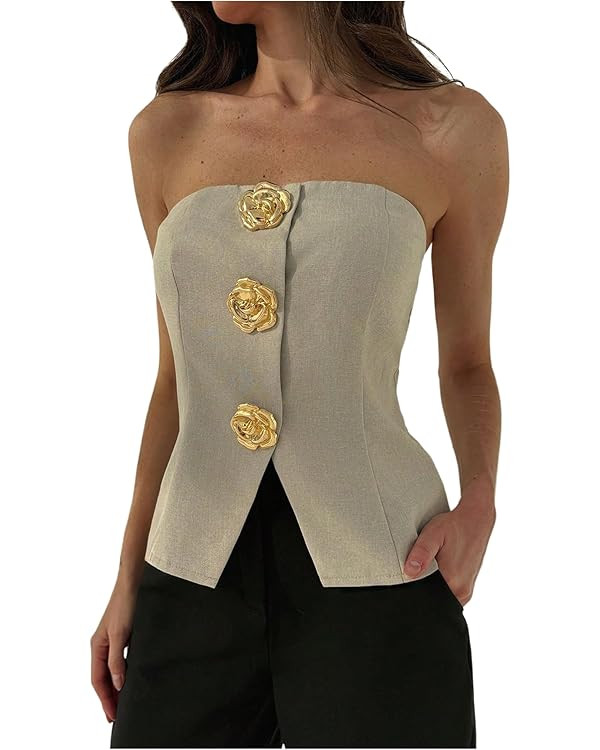 MakeMeChic Women's Metallic 3D Flower Strapless Tube Top Sleeveless Split Bandeau Tops | Amazon (US)