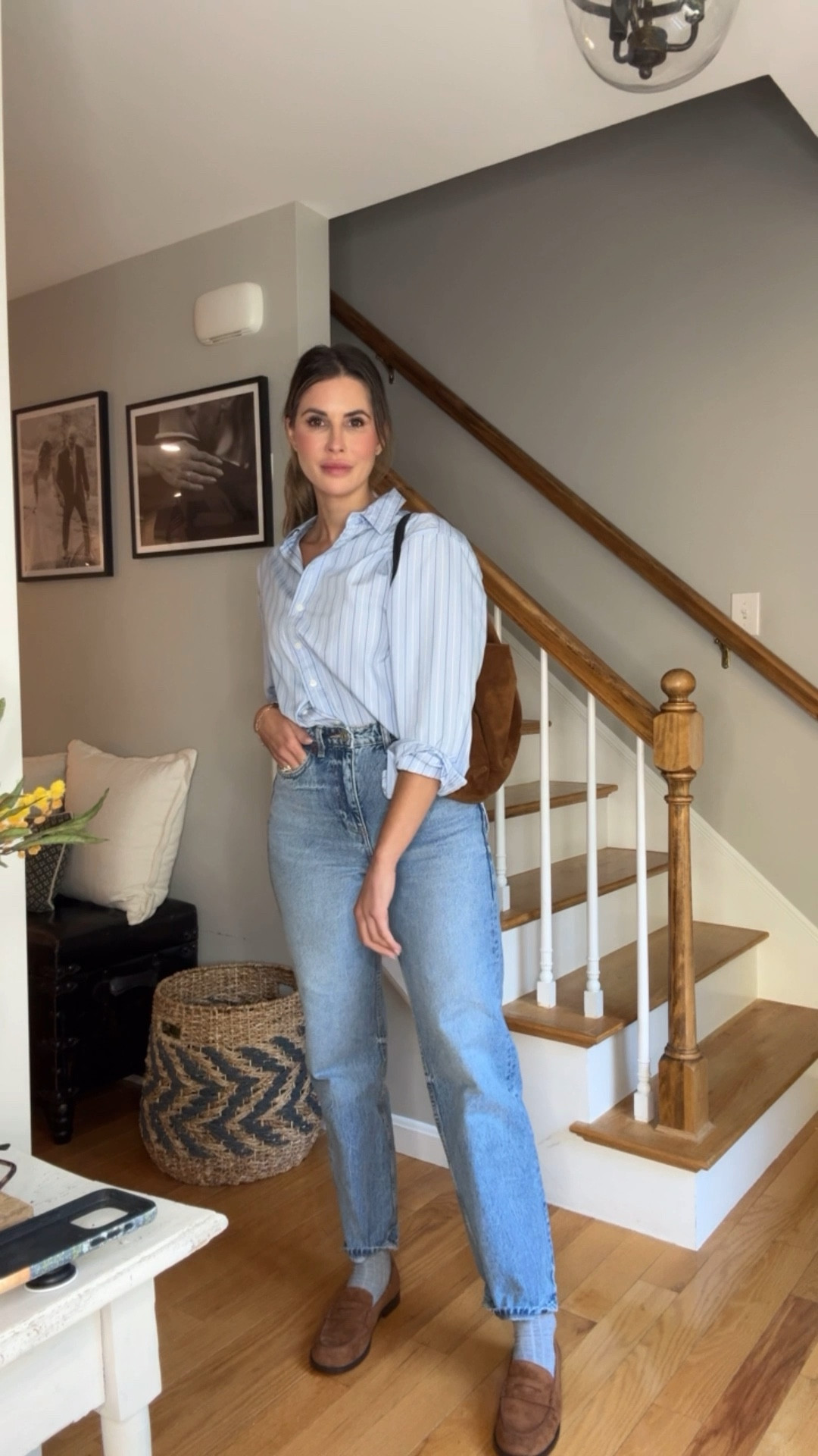 Another way to wear spanx striped button down 
Madewell suede penney loafers 
 Zara jeans  
Suede bag and belt 

#LTKFindsUnder100 #LTKStyleTip #LTKSaleAlert