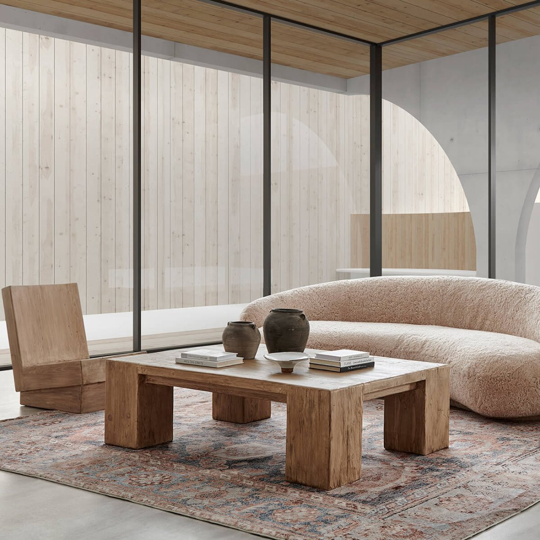 EM Wabi-Sabi Rustic Rectangular Reclaimed Wood Coffee Table with Block Legs | Eternity Modern