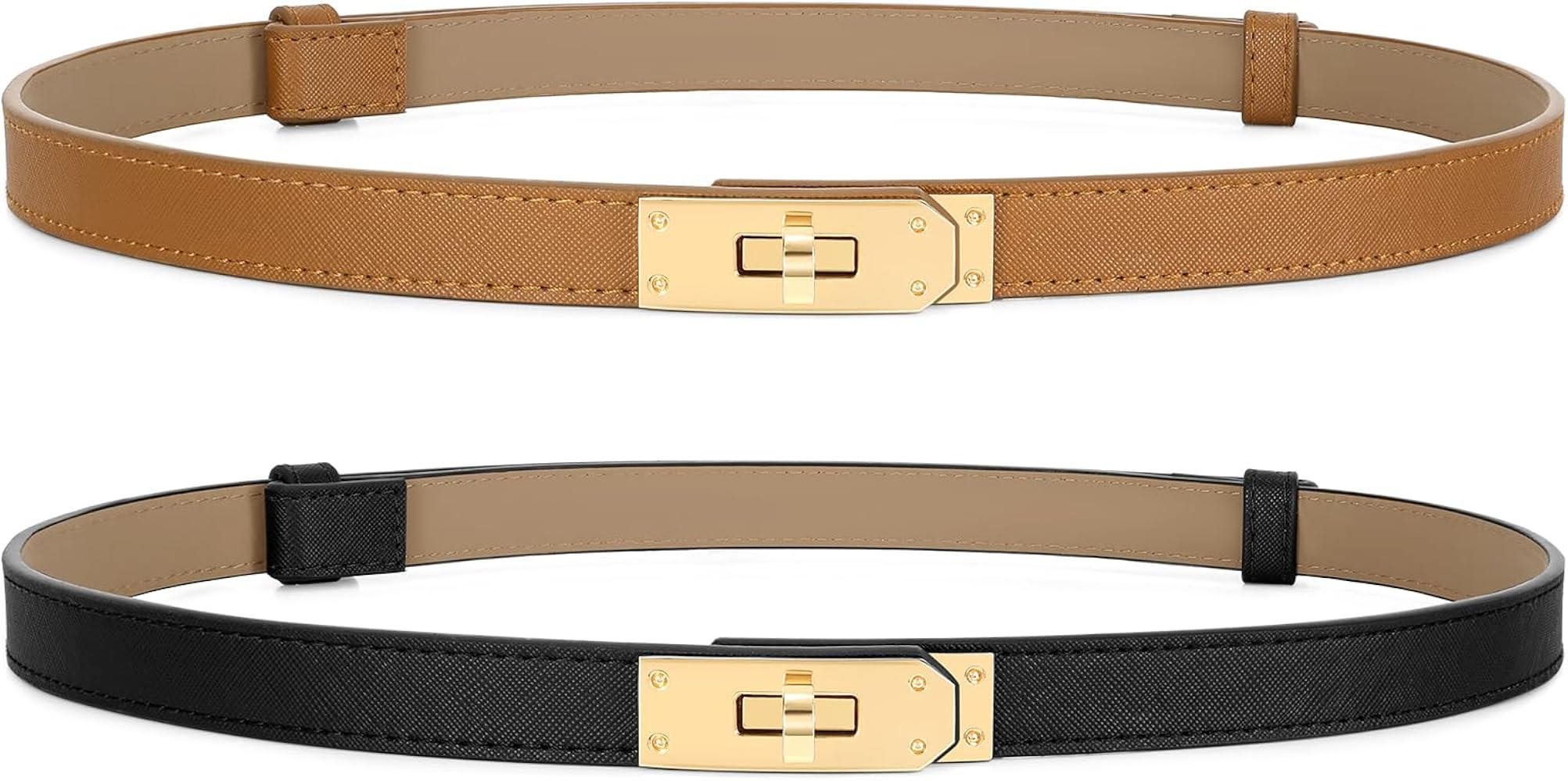 Women Skinny Leather Belt for Dresses Jeans Solid Color Alloy Turn Lock 2 Pack | Amazon (US)