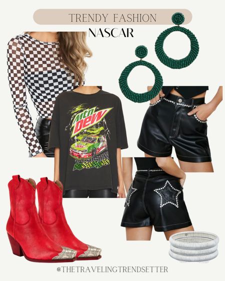 NASCAR outfit - tee shirt - festival fashion / boots - booties - leather shorts - checkers 

#LTKfindsunder50 #LTKstyletip #LTKFestival