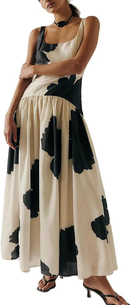 Women Boho Long Dress Graffiti Flowy Backless Sleeveless Cami Dress Striped A Line Going Out Maxi... | Amazon (US)