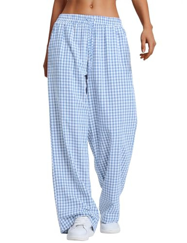 LOMON Gingham Pants Woman Spring Summer Pajamas Clothes 2026 Wide Leg Pj Lounge Boxer Bottoms Palazzo Flowy Comfy Plaid Checkered Trousers (Blue Plaid, M) | Amazon (US)