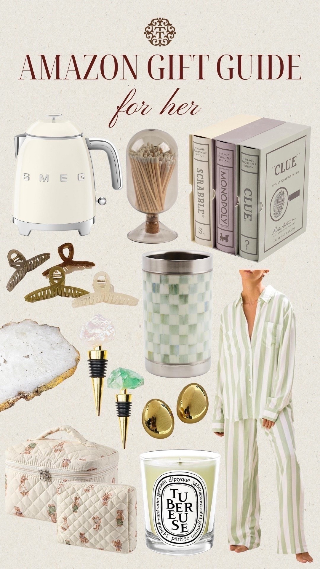 An amazon gift guide for her! We are loving the SMEG tea kettle, Mackenzie Childs wine bottle checkered cooler, and board games that double as home decor! If you are looking for some stocking stuffers we think the gold earrings and claw clips would be perfect! 

#LTKGiftGuide #LTKSeasonal #LTKHoliday