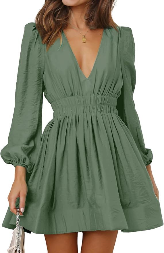 Mini Dress Deep V Sexy Dress Long Sleeve Dress for Women A-line High Waisted Casual Flowy Dress | Amazon (US)