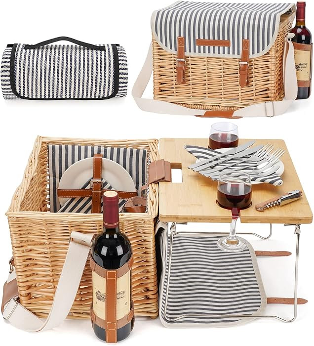 Wicker Picnic Basket for 2 with Detachable Table, Elasticated Wine Holder, Shoulder Carrying Will... | Amazon (US)