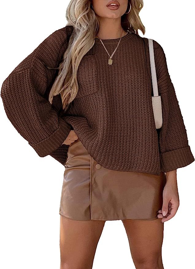 Amazon.com: KIRUNDO Women's Fall Sweaters Long Sleeve Crew Neck Loose Cropped Oversized Sweaters ... | Amazon (US)