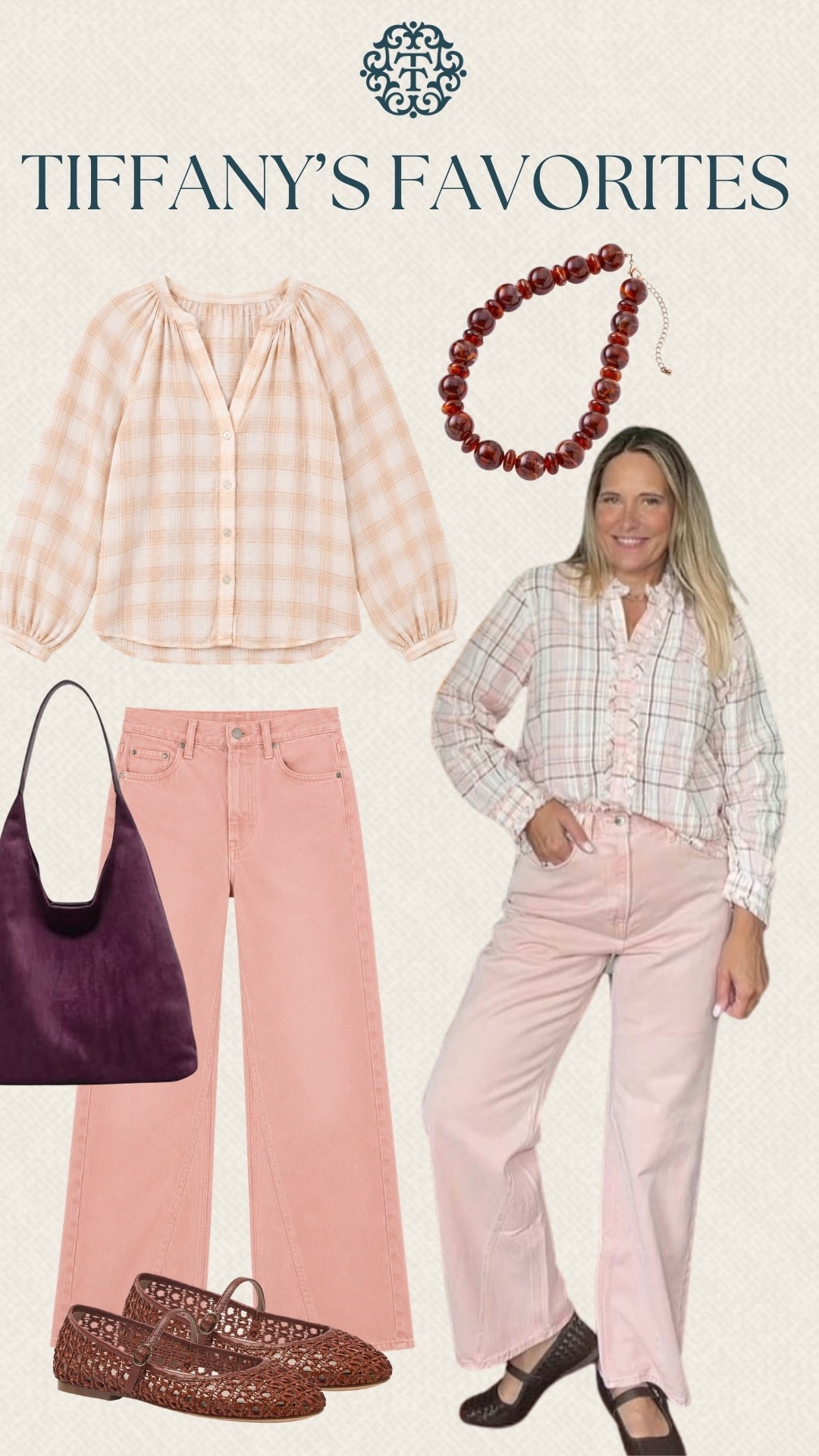 Tiffany’s Favorites are bringing all the pretty fall color with this pink and peach combination from Target. The plaid blouse and wide-leg pants pair so nicely with the burgundy bag and woven flats. We’d wear this for brunch, a lunch date, or a casual fall afternoon.

#LTKSeasonal #LTKOver40 #LTKMidsize