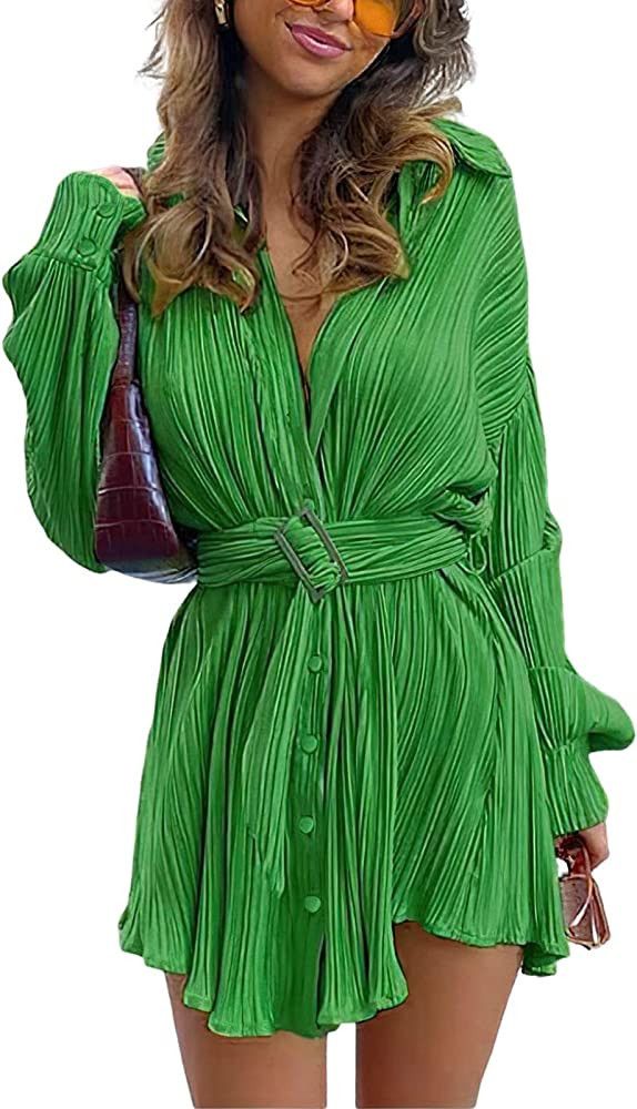 Viatabuna Women's Button Up Mini Dress Kelly Green Dress Emerald Green Dress Casual Spring Dress | Amazon (US)