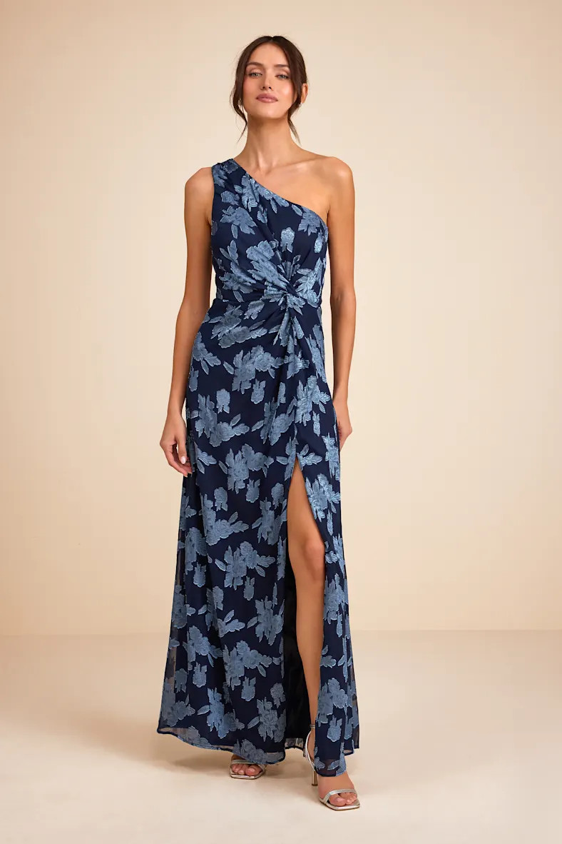 Renni Navy Blue Floral Jacquard One-Shoulder Maxi Dress | Lulus
