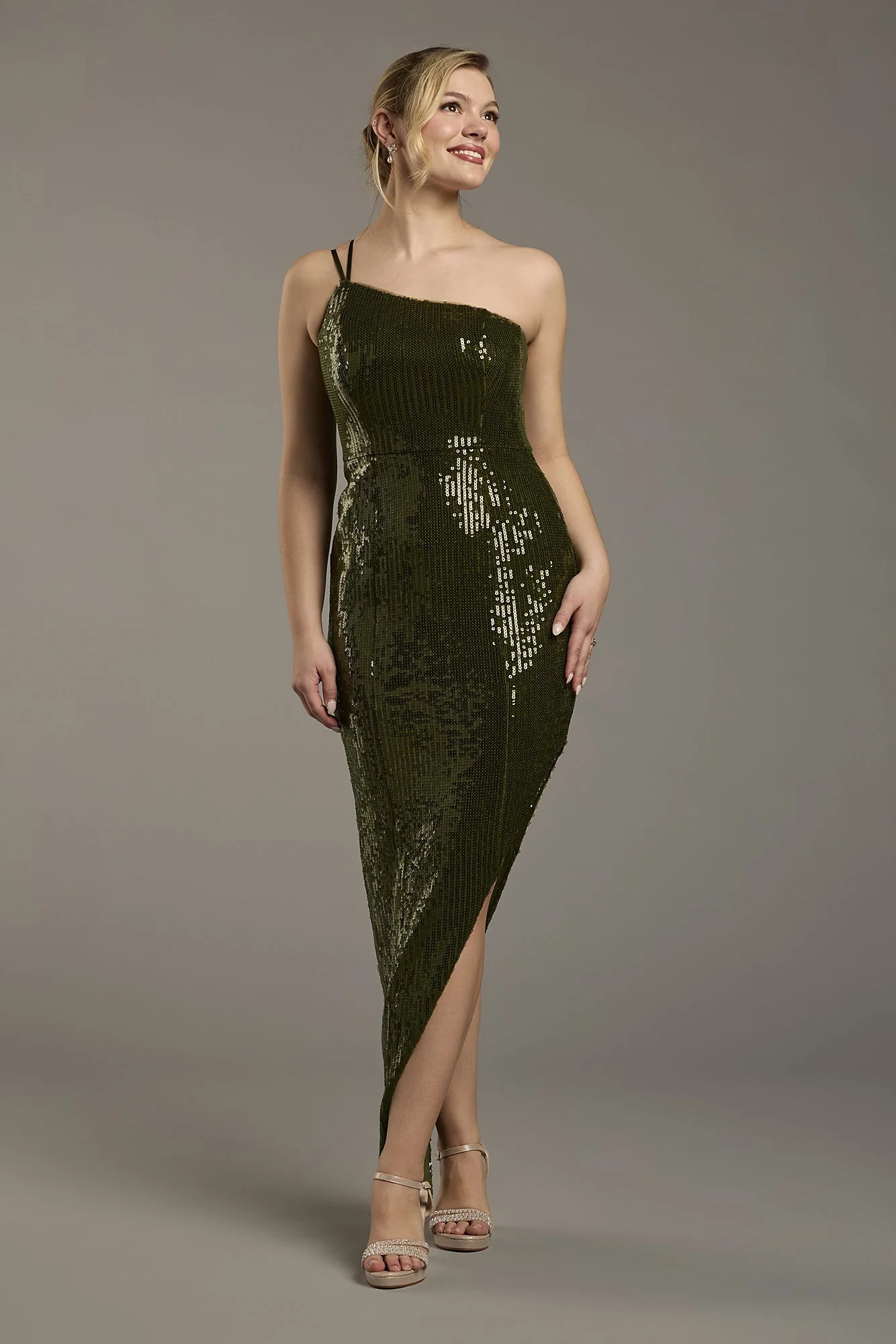 Sequin One-Shoulder Asymmetrical Sheath Dress | David's Bridal