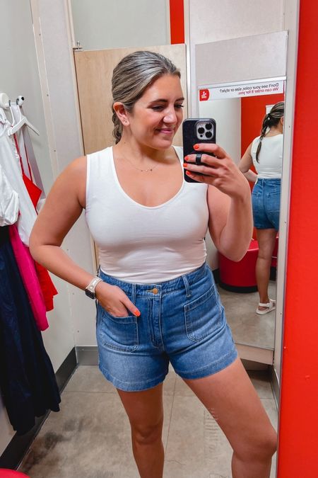 Target try on. Summer Target outfits. Bodysuit (size up one - in a L). Pocket front denim shorts (size up! In a 12 but typical 8). 

#LTKunder50 #LTKunder100
