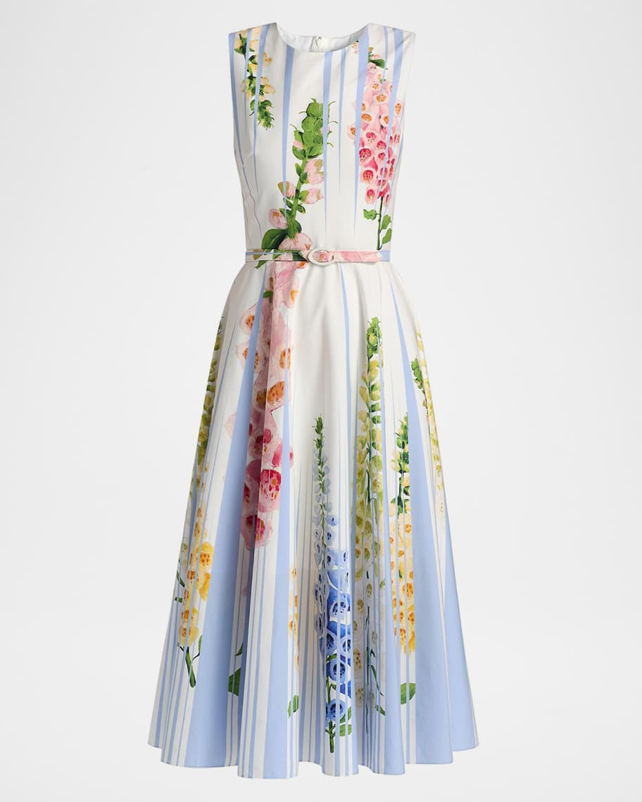 Oscar de la Renta Foxglove Trompe L’oeil Belted Cotton Poplin Dress | Neiman Marcus