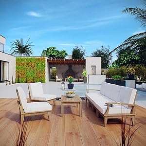 Modway Marina Premium Grade A Teak Wood 7-Piece Outdoor Patio Furniture Set in Natural White | Amazon (US)