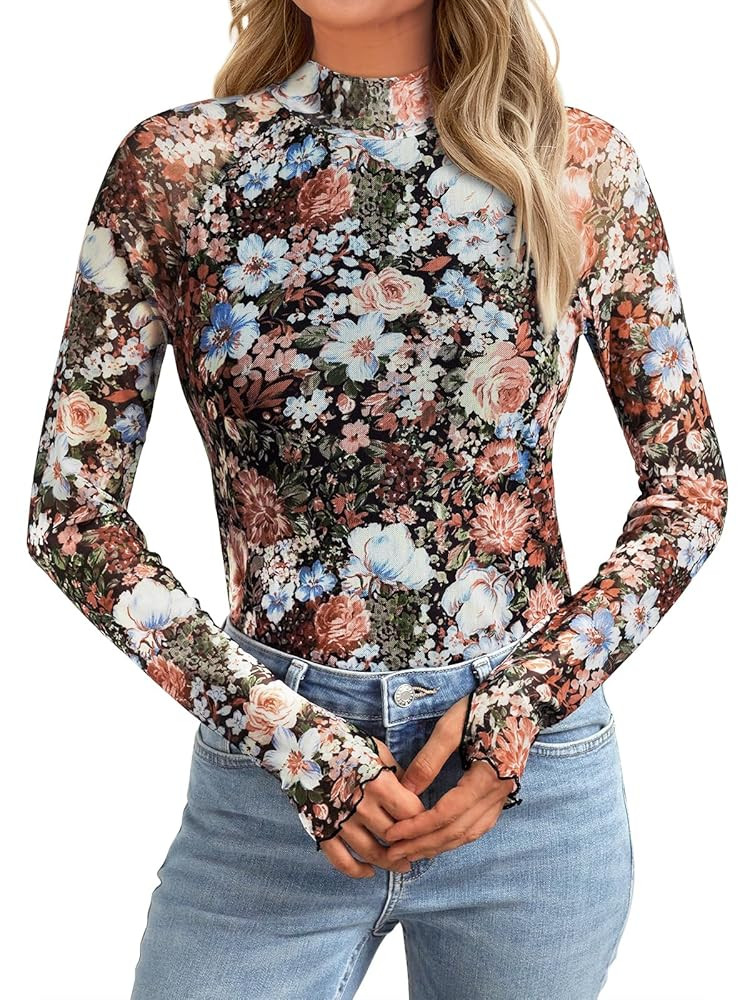 AUTOMET Lace Long Sleeve Floral Mesh Mockneck Going Out Tops for Women Fall Fashion Outfits 2025 | Amazon (US)