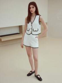 MOTF STUDIO LINEN CONTRAST BINDING SHORTS | SHEIN