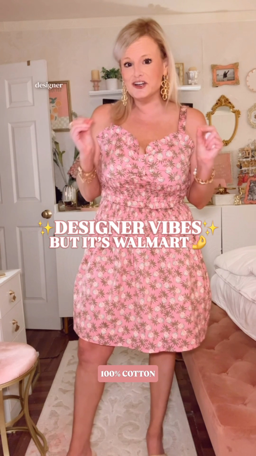 Walmart summer dress | Free Assembly dress | pink pineapple dress | cotton mini dress | designer look for less

This Free Assembly mini is giving designer summer dress energy at a Walmart price.

The pink pineapple print is the first thing you notice, but the details are what make it work: sweetheart neckline, bustier-style bodice, ruffle trim, smocked waist, adjustable bra-friendly straps, tiered skirt, back zipper, and an easy fit-and-flare mini silhouette.

I sized up to a large for my bust, but I probably could have done the medium. I’d call it true to size. 

It has that Palm Beach / Lilly Pulitzer inspired look without the designer price tag, and the cotton fabric keeps it easy for hot-weather outfits, vacation packing, and summer plans.

Wear it for summer brunch, vacation dinners, beach town shopping, lake weekends, resort days, baby showers, bridal showers, graduation parties, church, date night, girls trips, casual wedding guest plans, Fourth of July weekend, and warm-weather parties.

Style with gold sandals, raffia slides, white sandals, pearl earrings, a straw tote, woven clutch, denim jacket, or flat sandals.

Walmart summer dress, Walmart dress, Walmart fashion finds, Walmart style, Free Assembly dress, Free Assembly mini dress, pink pineapple dress, pineapple print dress, cotton mini dress, cotton summer dress, sweetheart neckline dress, bustier dress, smocked waist dress, adjustable strap dress, bra friendly dress, pink summer dress, vacation dress, resort dress, summer dress, summer dresses women, date night outfit, bridal shower dress, baby shower dress, wedding guest dress, preppy summer outfit, Lilly Pulitzer inspired dress, Palm Beach style, designer look for less

#LTKFindsUnder50 #WalmartFinds #WalmartStyle #SummerDress #VacationOutfit #PreppyStyle #LookForLess

#LTKWedding #LTKSeasonal #LTKootd