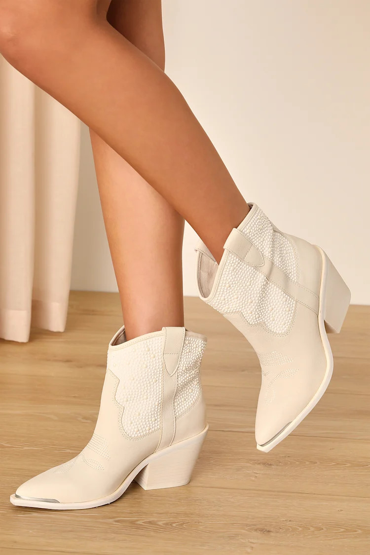 Nashe Off-White Nubuck Leather Pearl Western Ankle Boots | Lulus (US)