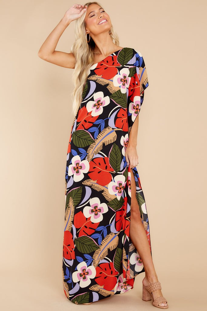 Palm Spring Paradise Black Multi Tropical Print Dress | Red Dress 