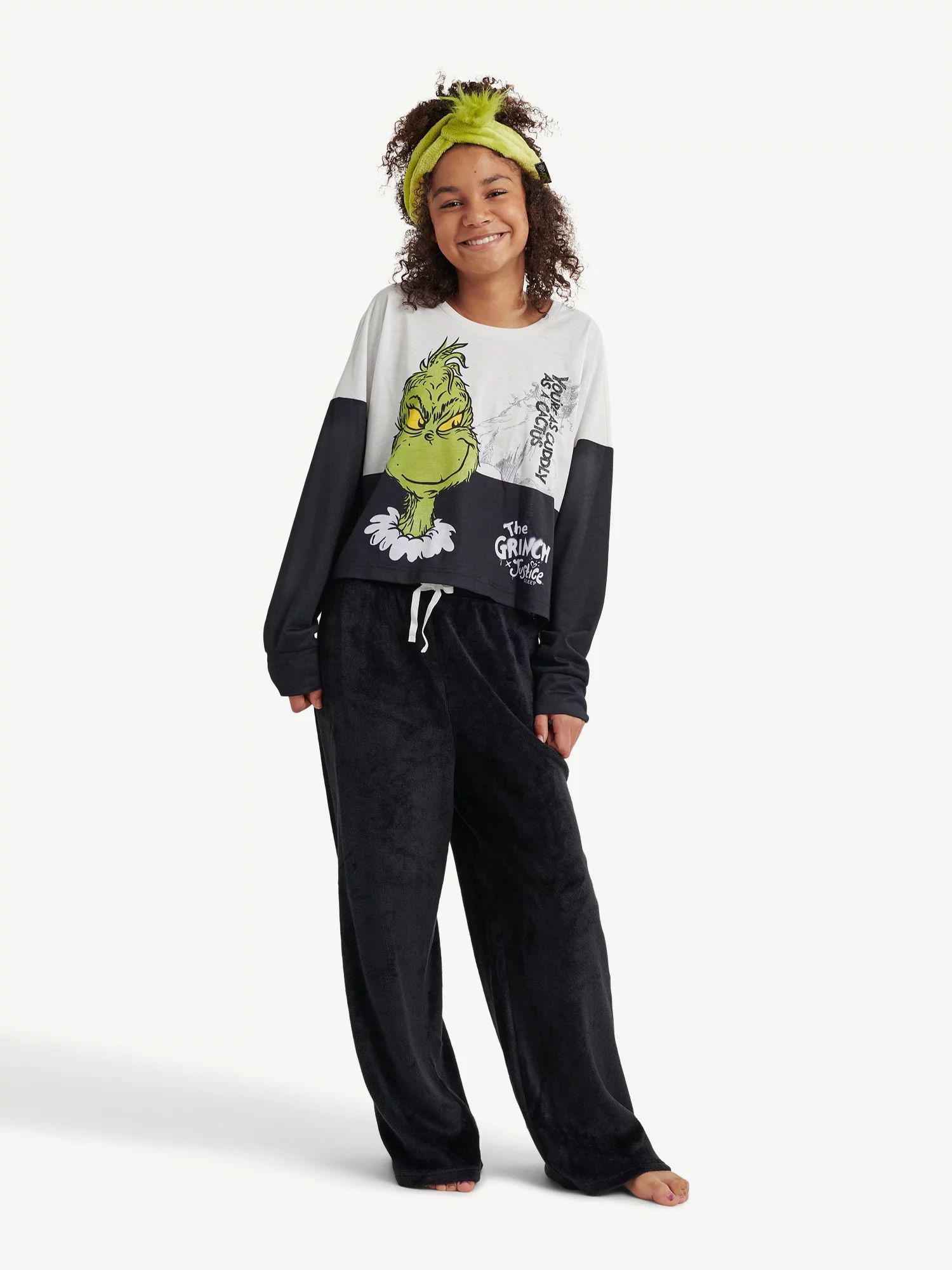 Justice Girls Grinch Long Sleeve Top and Wide Leg Pant with Grinch Headband, 3-Piece Pajama Set, ... | Walmart (US)