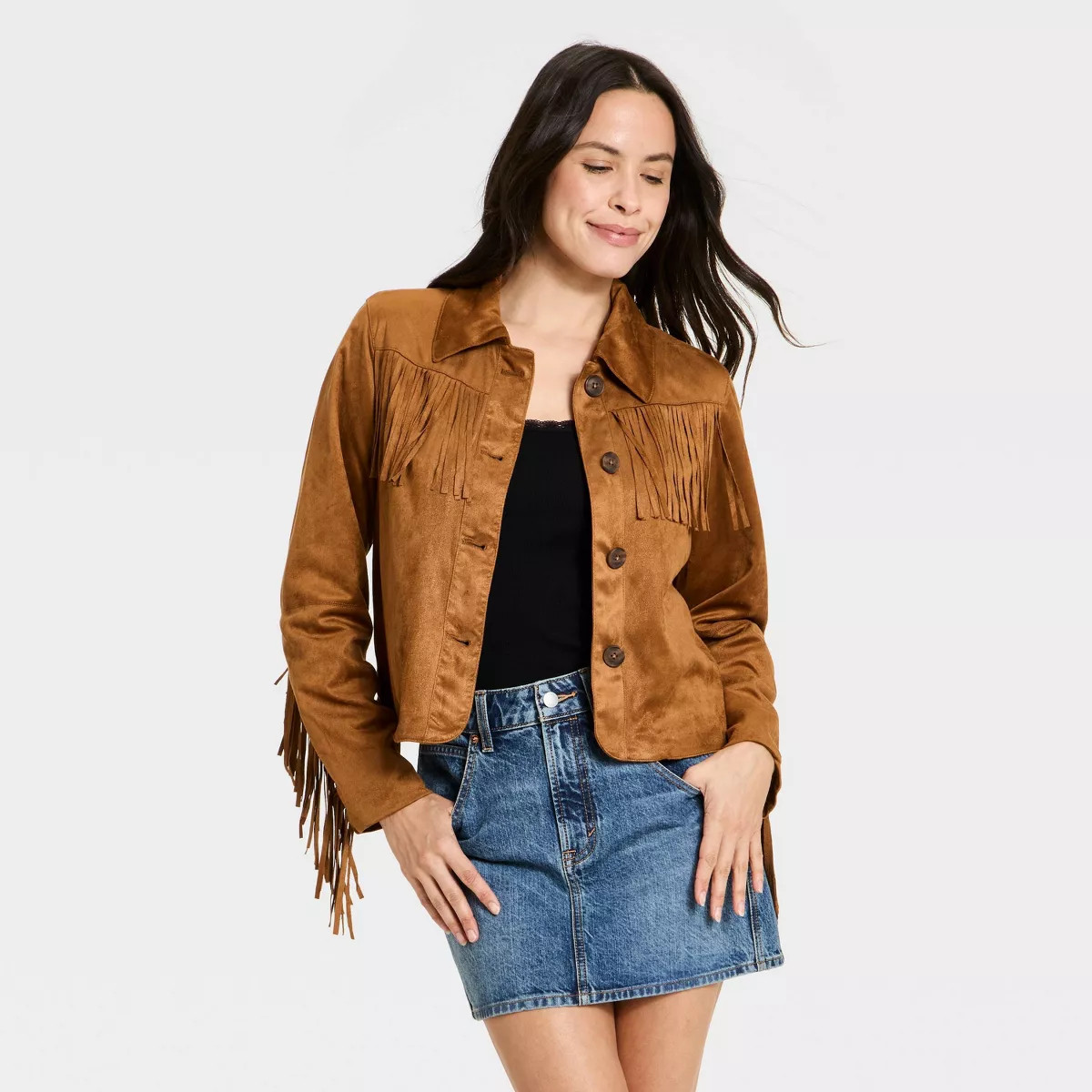 Women's Western Fringe Faux Suede Fashion Jacket - Universal Thread™ Brown XS | Target
