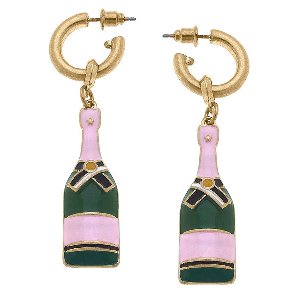 Lola Enamel Champagne Bottle Earrings in Pink & Green | CANVAS