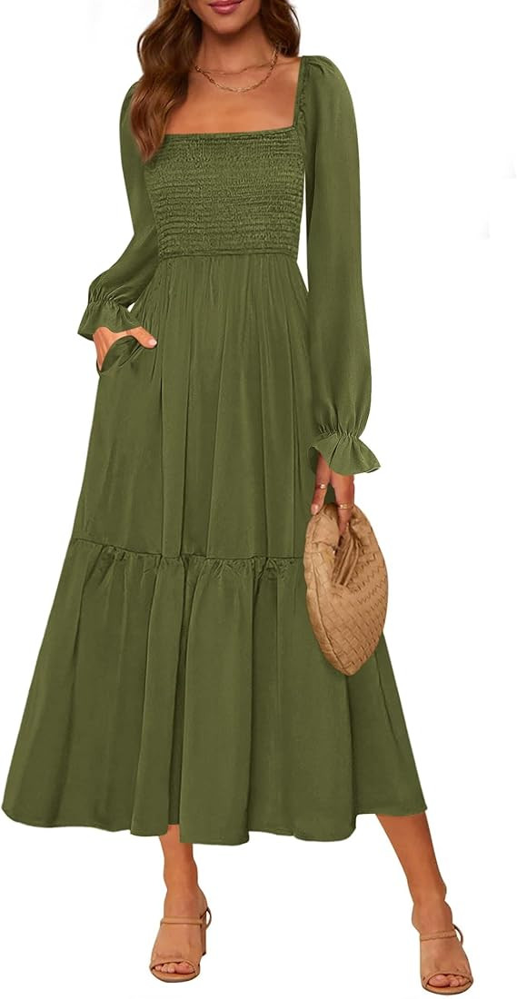 MASCOMODA Womens 2025 Fall Long Sleeve Casual Midi Dress Smocked Square Neck High Waist Flowy A L... | Amazon (US)