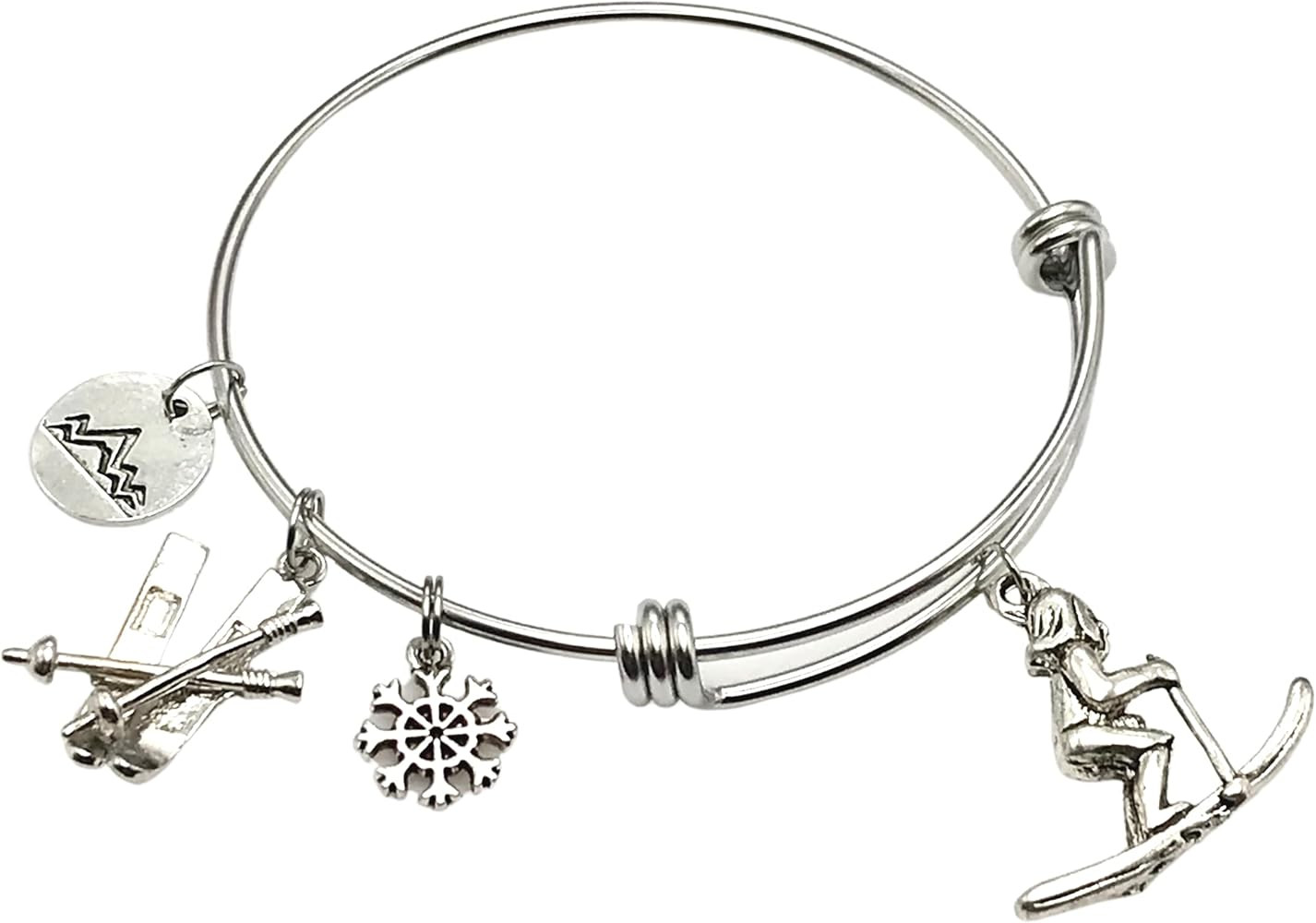 Skiing Charm Bracelet Snow Bunny for Skier Love to Ski Expandable Bangle Stainless Steel | Amazon (US)