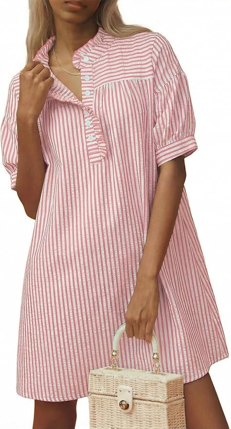 BLENCOT Womens Button Down Shirt Dresses Casual Striped Cotton Stand Collar Ruffle Puff Sleeve Su... | Amazon (US)