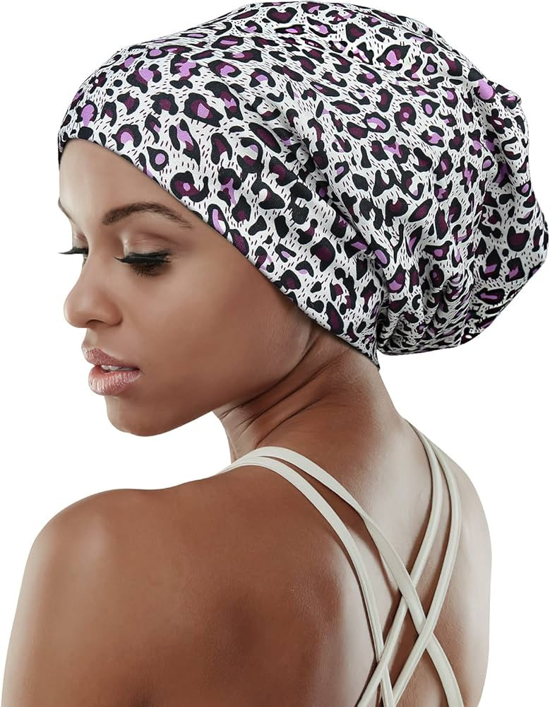 FocusCare Satin Cap for Black Women Frizzy Hair Beanie Curly Headwear Sleep Hats White with Black | Amazon (US)