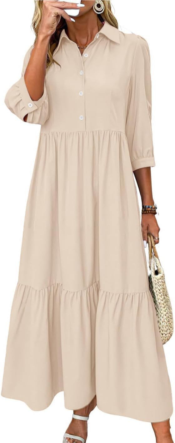 chouyatou Women's Casual Button Up Polo Collar Shirt Dress 3/4 Sleeve Ruffle Tiered Maxi Long Dre... | Amazon (US)