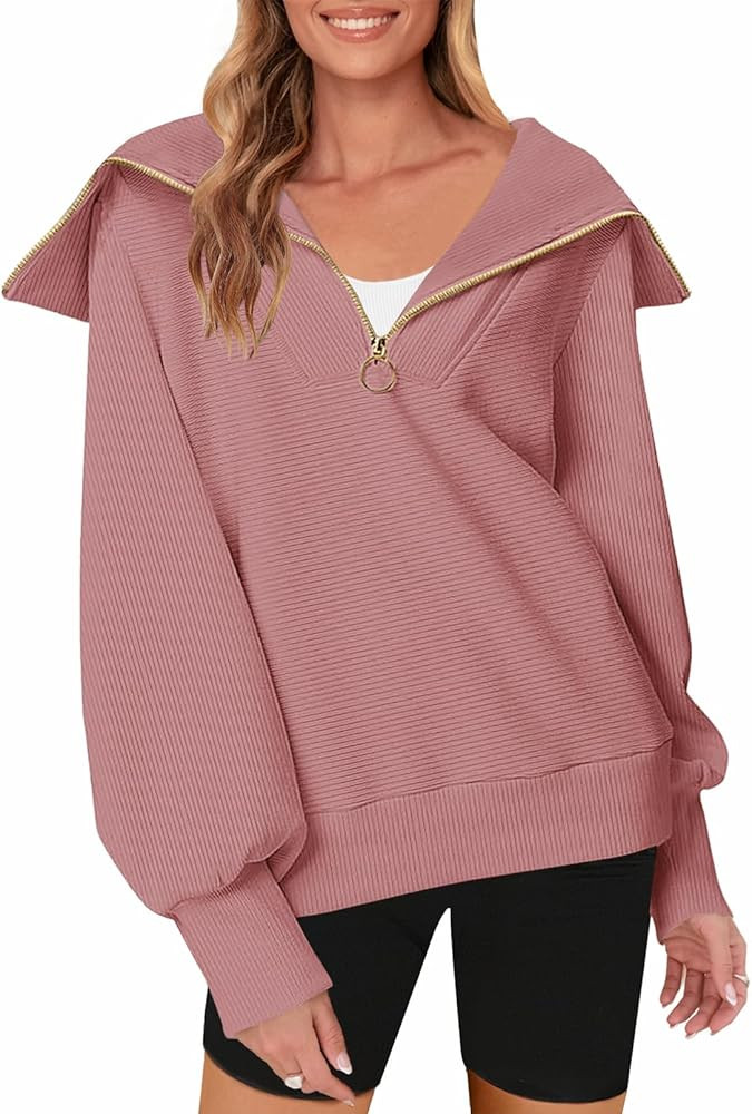 MEROKEETY Women's 2023 Long Sleeve Quarter Zip Sweatshirt V Neck Collar Ribbed Y2K Pullover Tops | Amazon (US)