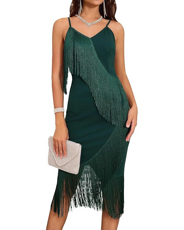 GRACE KARIN Women's Tassel Spaghetti Straps Bodycon Dress 2023 Sexy Deep V Neck Formal Dress Cock... | Amazon (US)