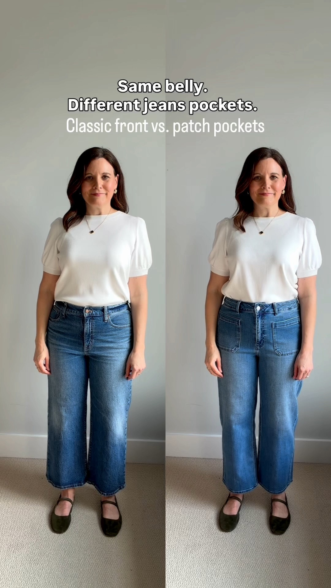 I usually avoid patch pockets because I assume they draw attention to my midsection, but I’ve wanted to test that theory with a side-by-side 360.

So, you tell me: Do patch pockets draw your eye to the midsection, or have I been avoiding them for no reason?

Both pairs are wide-leg cropped jeans with a 12” rise and a 26-inch inseam. The patch-pocket jeans also have smaller back pockets, so compare how the different pocket sizes affect the view from behind.

Classic front pockets or patch pockets: which pair gets your vote?

📏For reference, I’m midsized, 5’6”, slightly short-waisted, 36-B bust, and wear a small or medium top with size 10 jeans. 

Fit: the classic pocket jeans are from J.Crew Factory. I linked a similar pair in a slightly darker wash. They fit true to size. The patch pocket jeans are from Quince. I size up one in the regular length.

#LTKOver40 #LTKSaleAlert #LTKMidsize