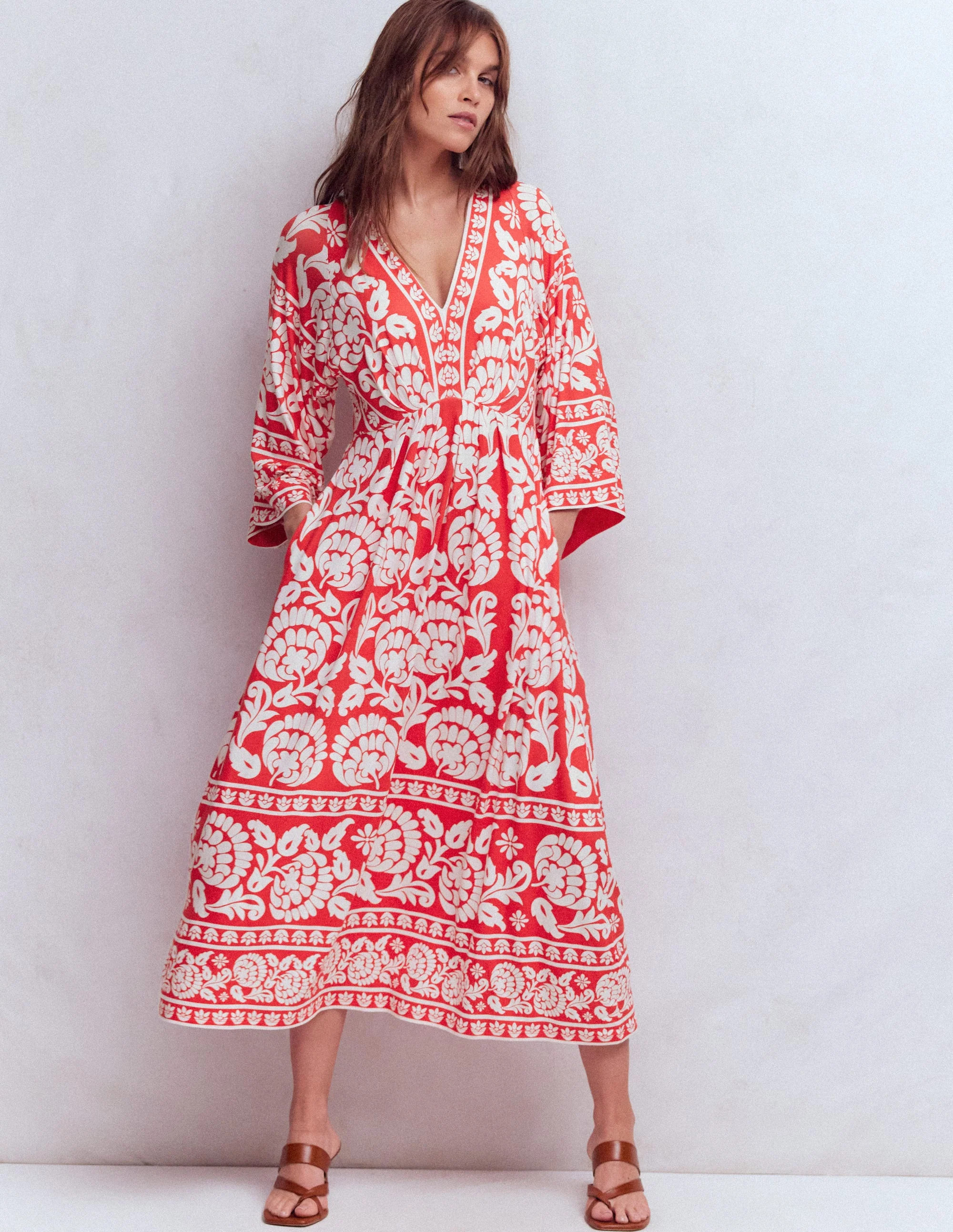 Nell Kimono Midi Jersey Dress-Bright Cherry, Ornate Floret | Boden (US)