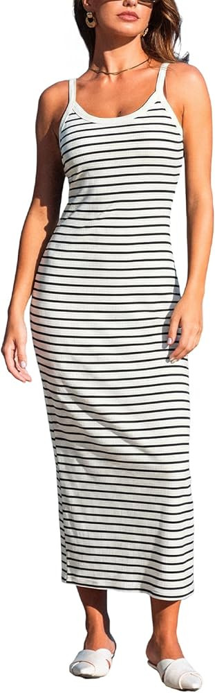 CUPSHE Women's Striped Midi Dress Sleeveless Scoop Neck Bodycon Tank Sundress Casual Summer Beach... | Amazon (US)