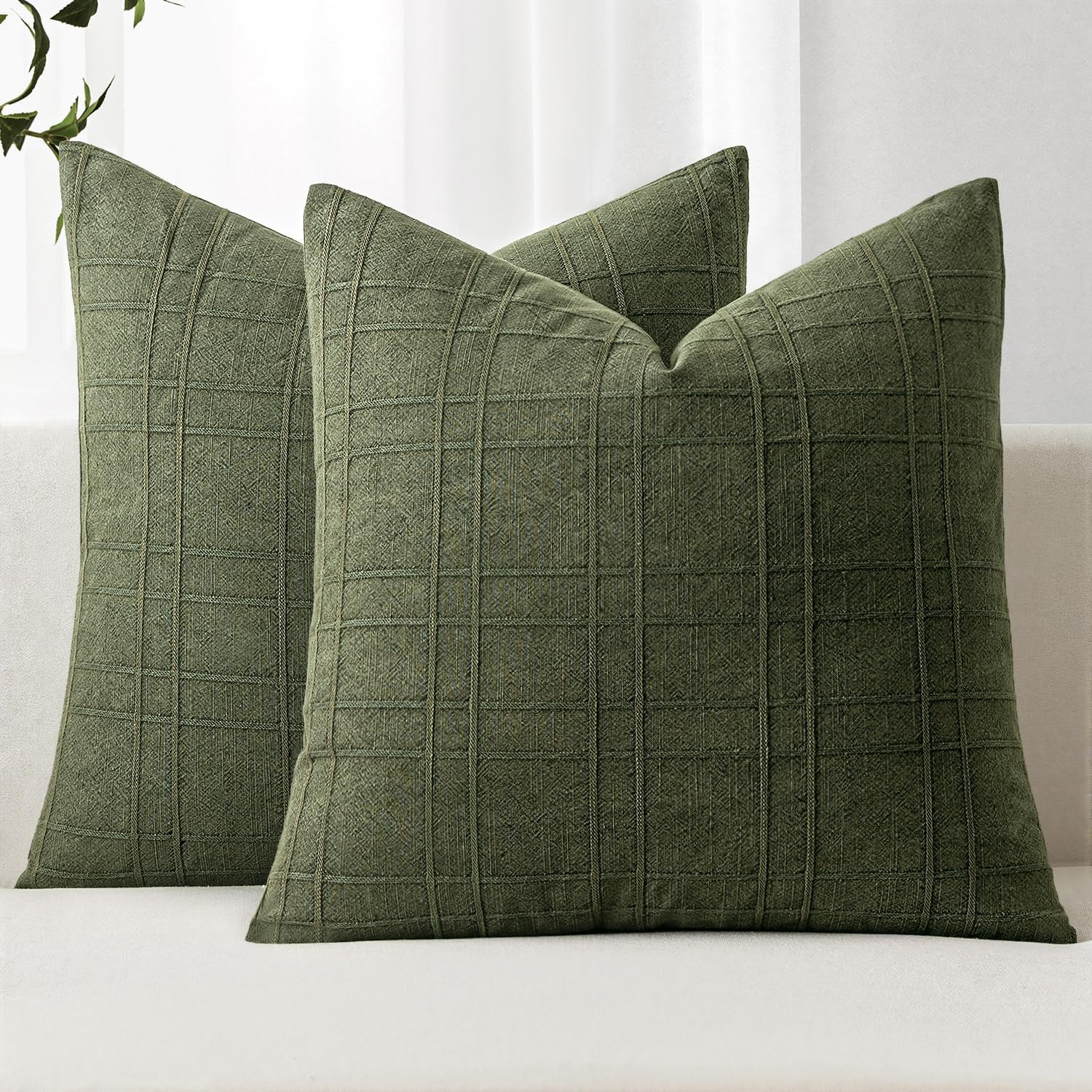 MIULEE Linen Plaid Pillow Covers Decorative 20x20 Dark Olive Green | Amazon (US)