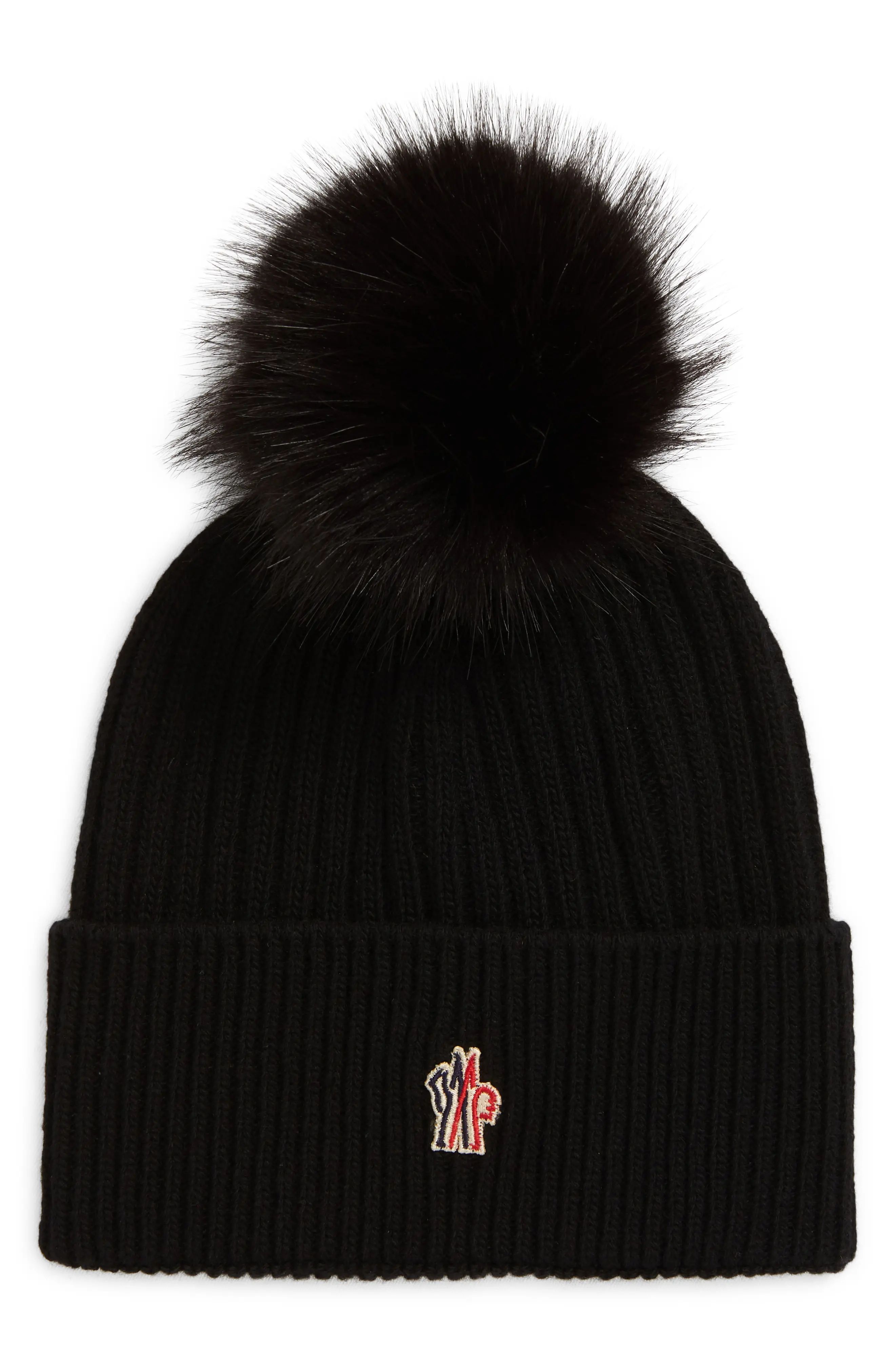Moncler Rib Cashmere Blend Beanie with Faux Fur Pompom in Black at Nordstrom | Nordstrom