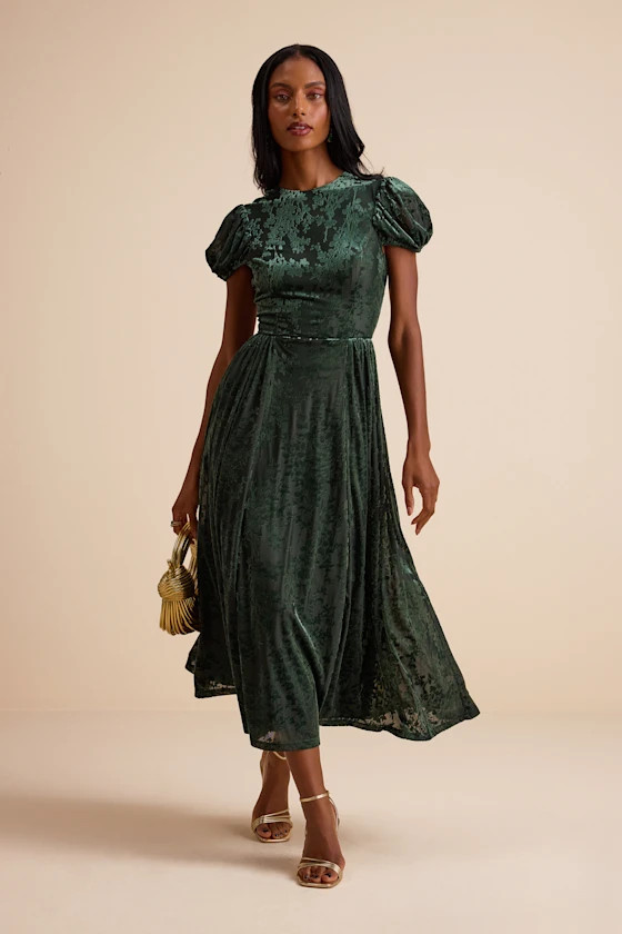 Arlie Emerald Velvet Burnout Puff Sleeve Midi Dress | Lulus