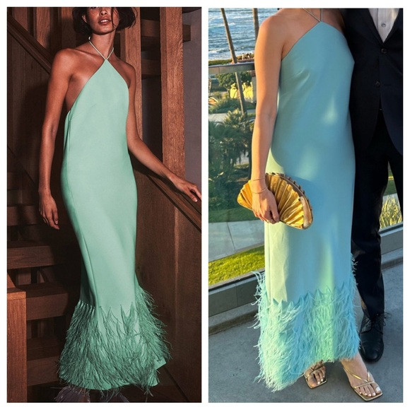 ALEXIS Izzie Maxi Column Halter Feather Dress in Jade Green Small | Poshmark