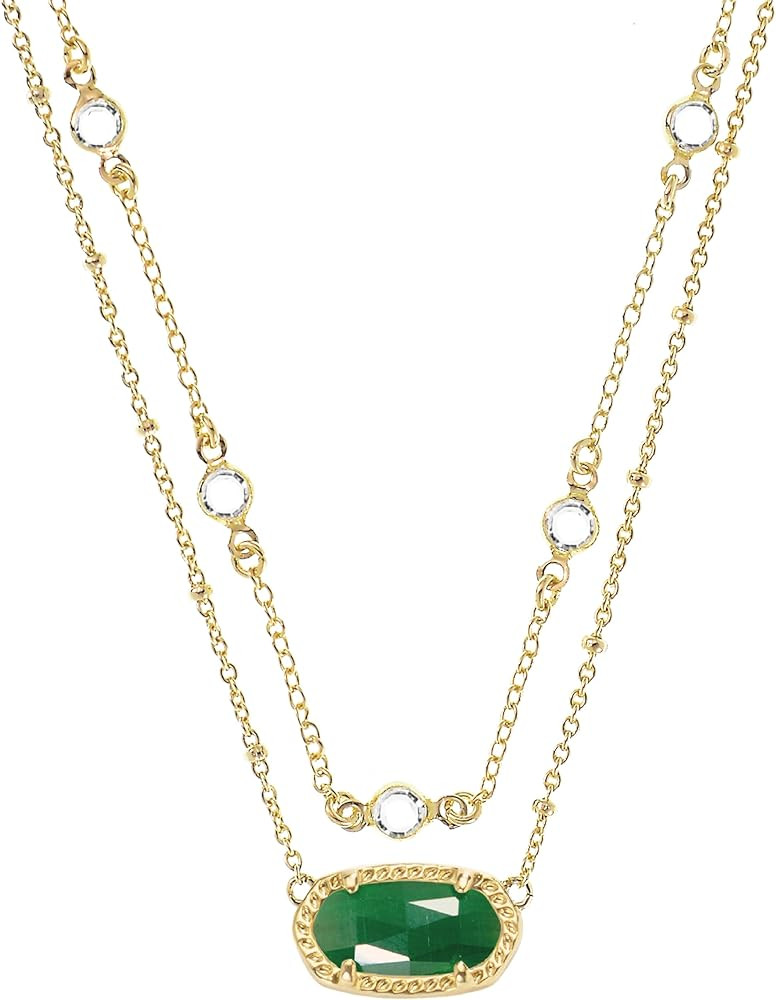 WARMDAY 14K Gold-Plated Multilayer Necklaces for Women Crystal Double Chain Synthetic Gemstone Pe... | Amazon (US)